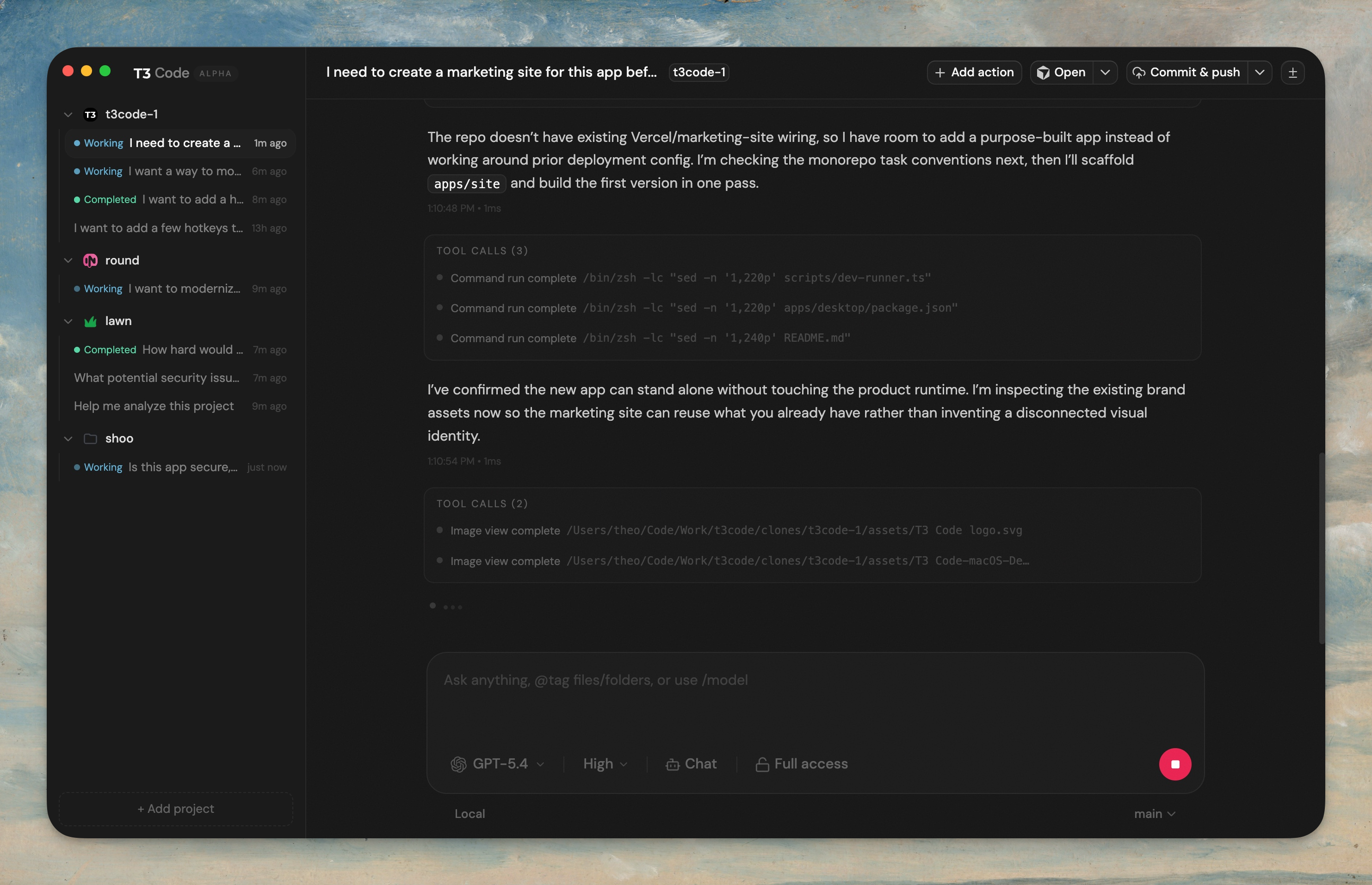 T3 Code UI screenshot from a local Next.js app showing the app interface in use